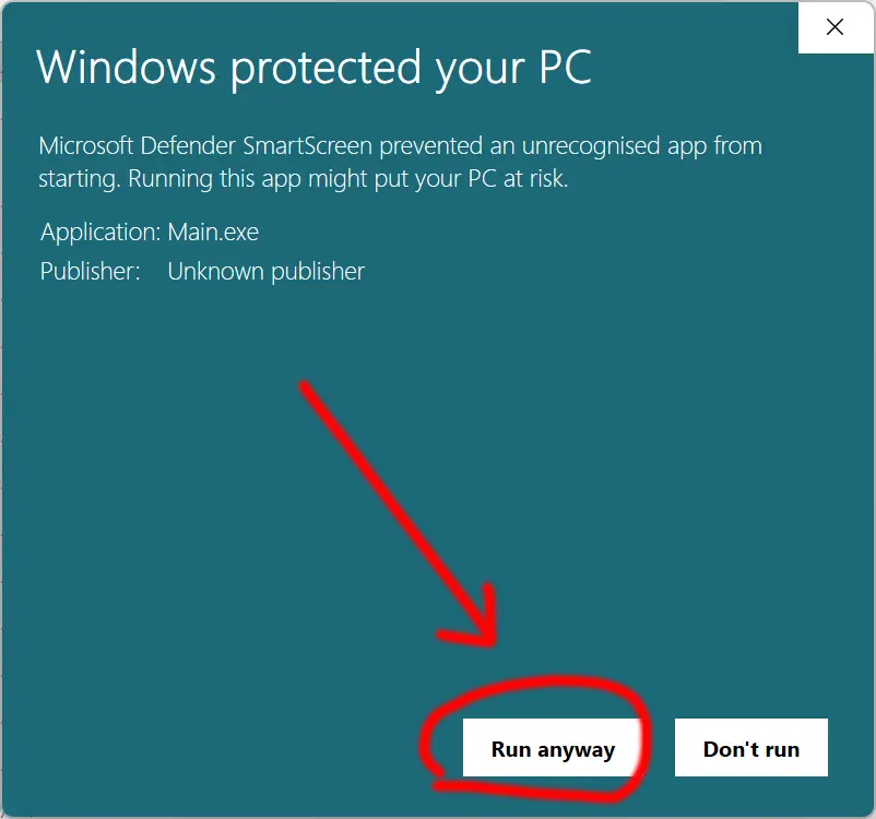 Windows SmartScreen: click Run anyway