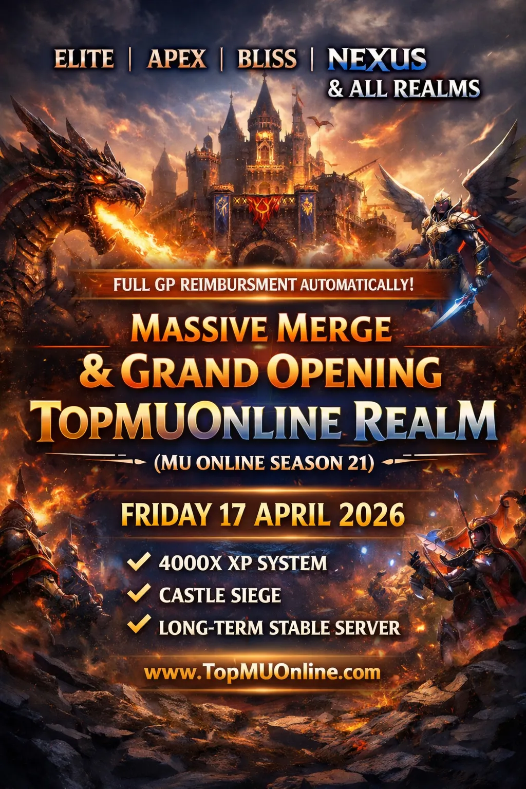 TopMUOnline Merge and Grand Opening - Friday 17 April 2026 - Elite, Apex, Bliss and Nexus - full GP reimbursement automatically
